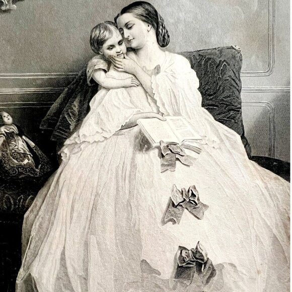 Interrupted Reading Steel Engraving 1859 Victorian Mother Child Doll Art DWY5E - Picture 1 of 2